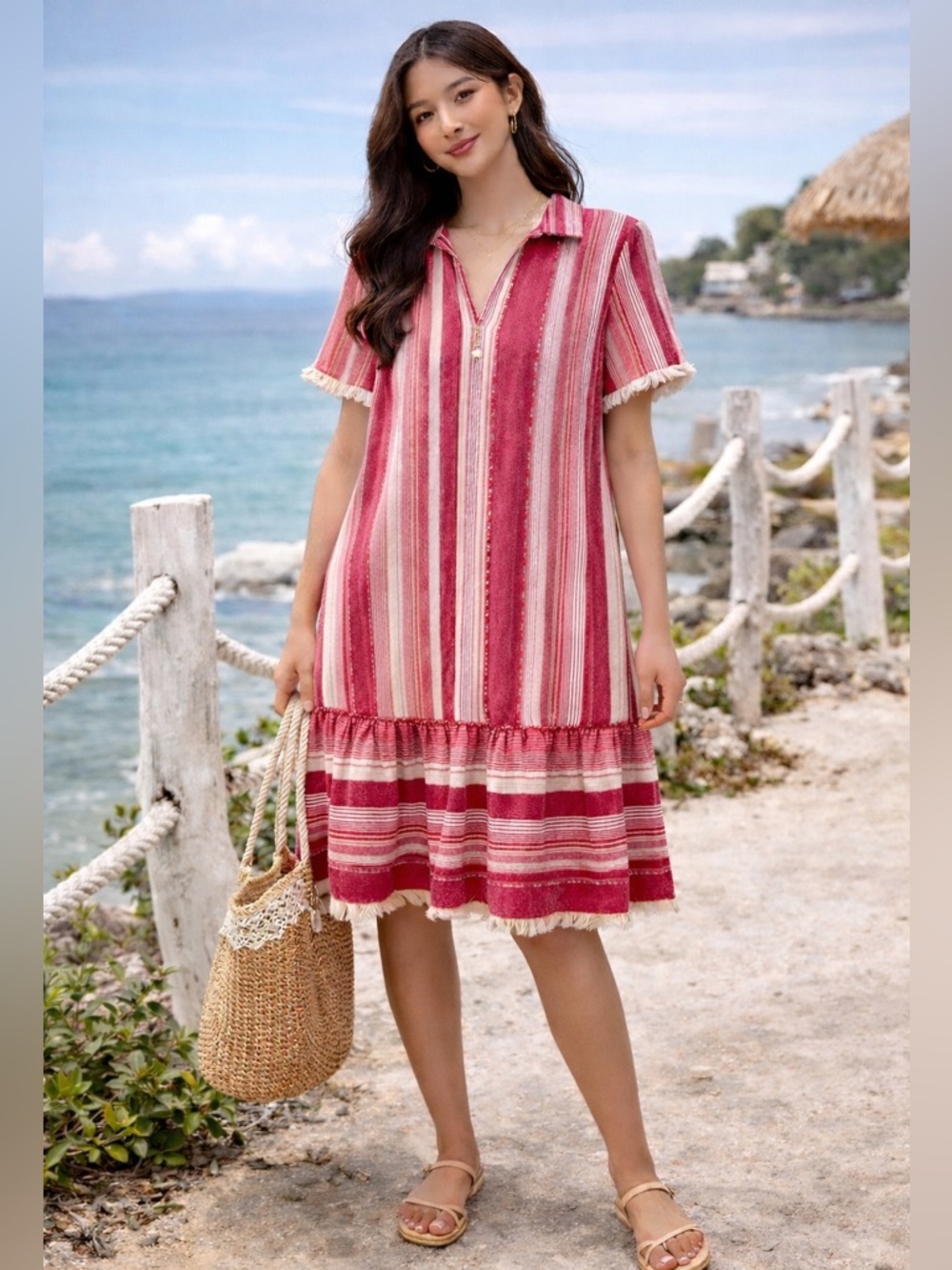 100% Cotton Pink Striped Relaxed Boxy Boho Midi Dress Large Beach Holiday Resort - Picture 2 of 5